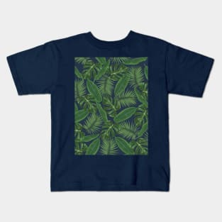 Tropical Green Leaves Pattern on Dark Blue Kids T-Shirt